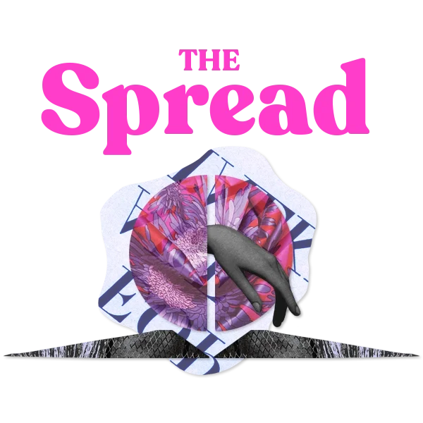 A logo with the words "The Spread" in pink text and a dollar bill wrapped in a plastic packaging with a hand pointing at it.