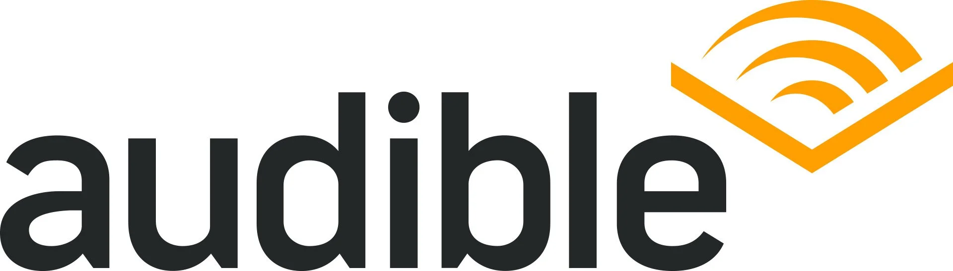 Audi logo with the word 'audible' and a stylized orange book with sound waves