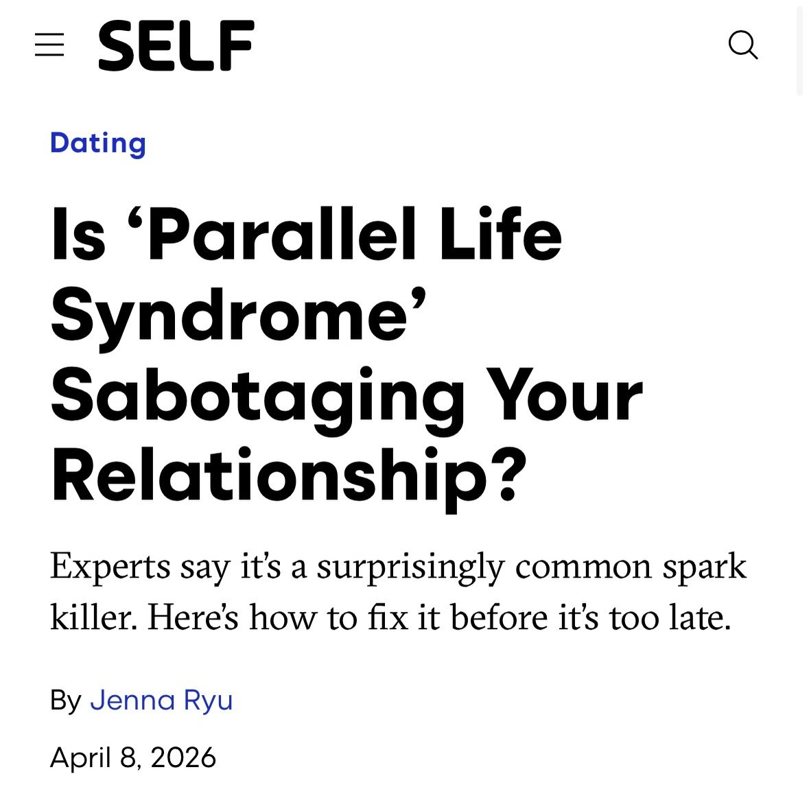 Honored to contribute to this conversation by @jennaaryu and alongside @alittlenudge in @selfmagazine , exploring parallel life syndrome, a common pattern where couples are no longer building a life together but instead existing side by side.

So oft