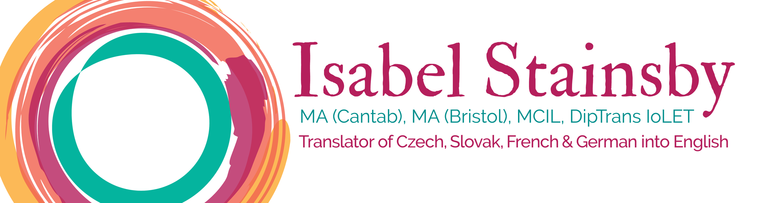 Colorful logo with text displaying the name Isabel Stainsby, including qualifications MA (Cantab), MA (Bristol), MCIL, DipTrans IoLET, and noting her role as a translator from Czech, Slovak, French, and German into English.
