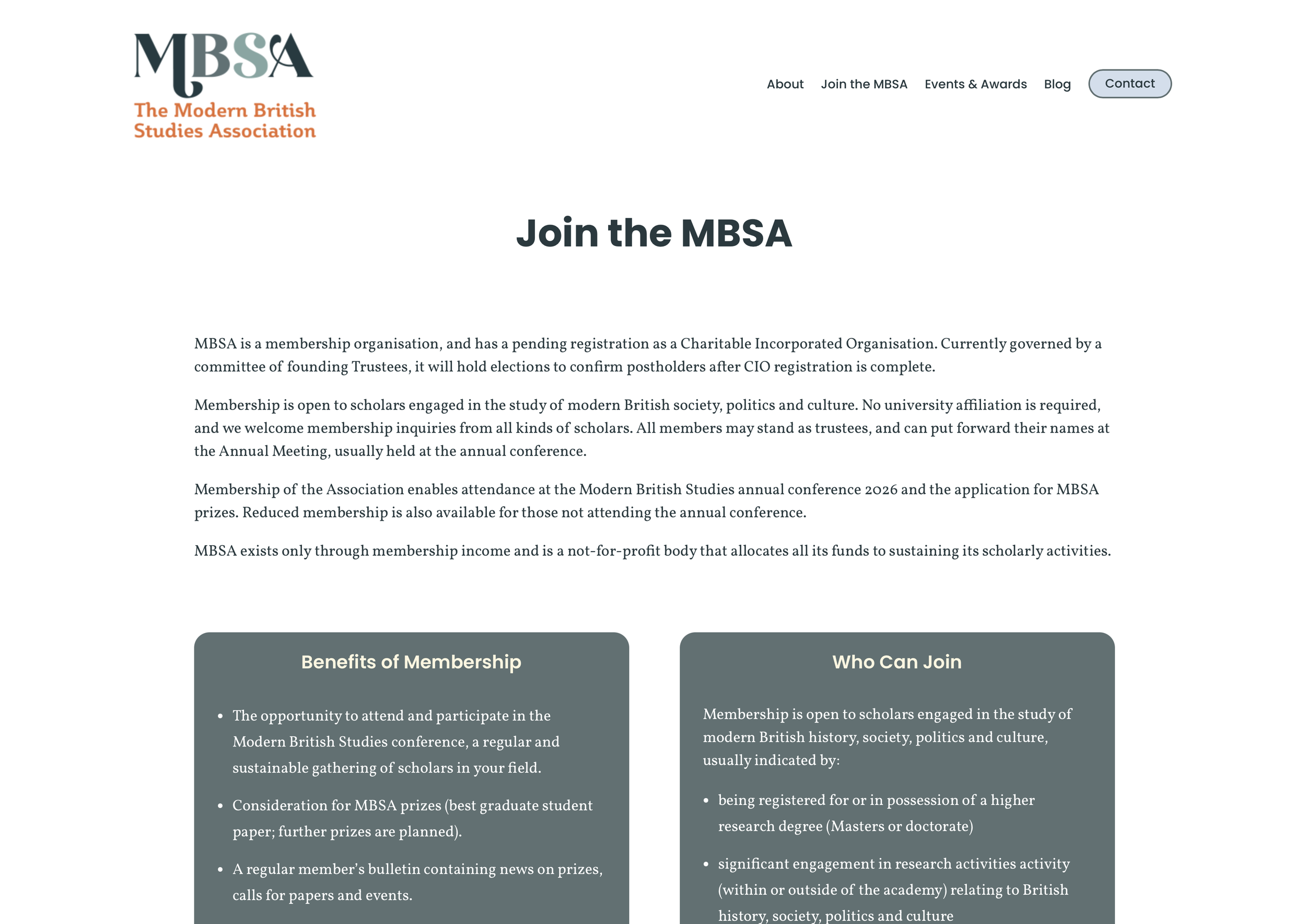 Website join page for the MBSA showing logo and text boxes
