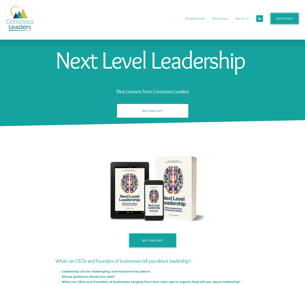 Website homepage for 'Conscious Leaders,' featuring an orange and turquoise logo, navigation links, a prominent headline 'Next Level Leadership,' an image of a book and digital devices displaying the book cover, and a call-to-action button 'Buy Your Copy'.