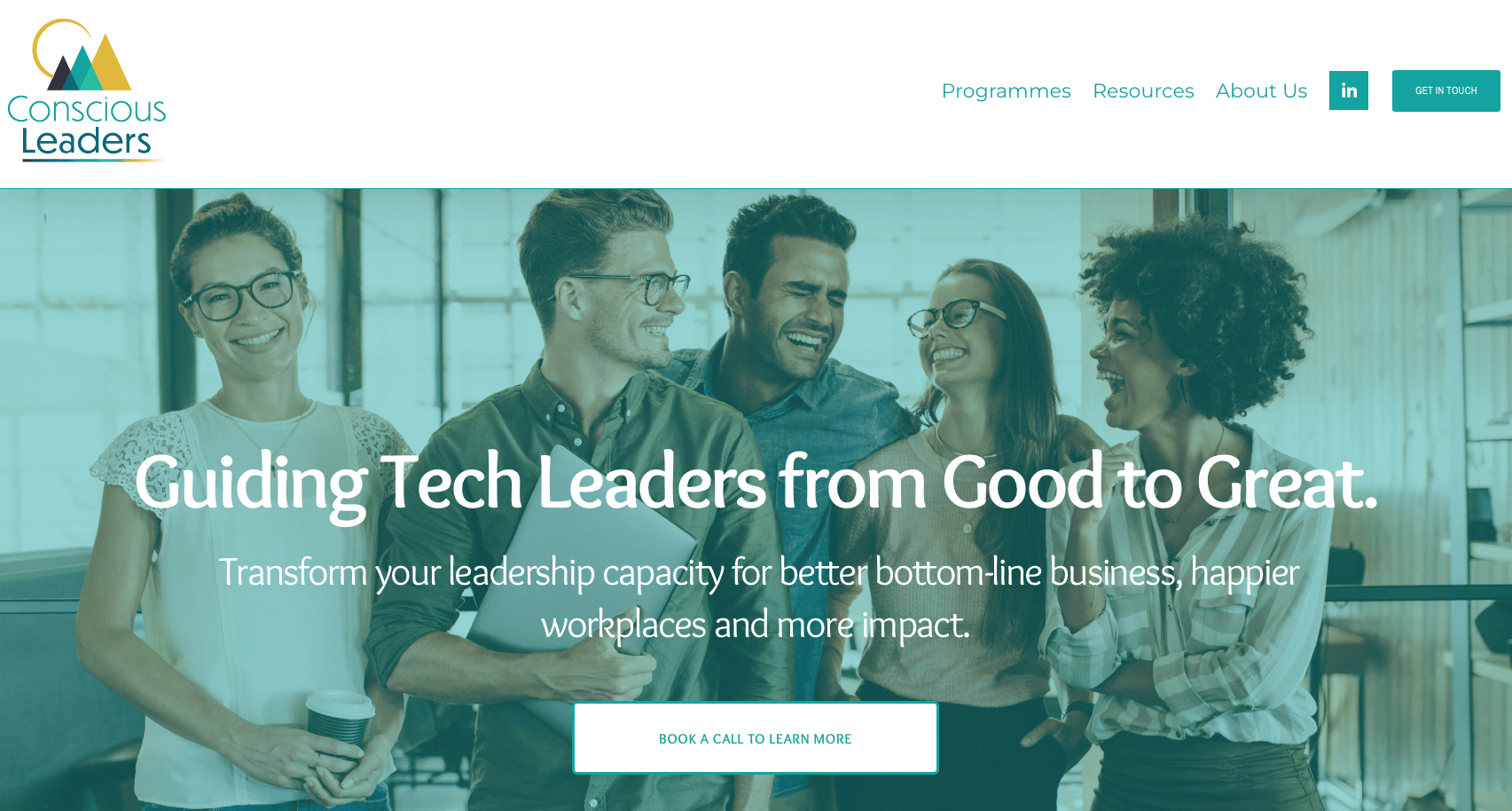 Home screen of website with four smiling people text readers Guiding Tech Leaders from Good To Great