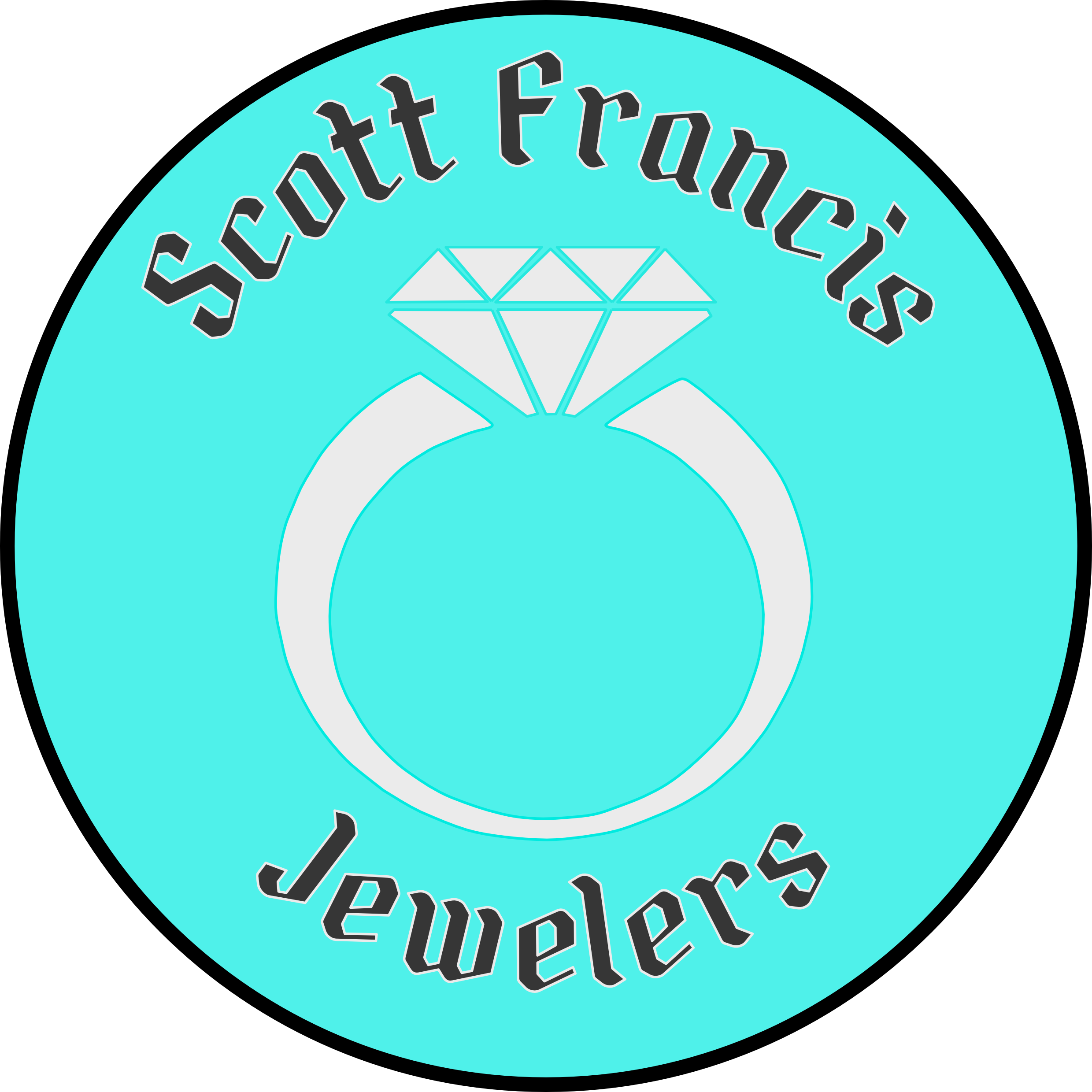 A circular logo with a turquoise background featuring a diamond ring illustration at the center. The text 'Scratt Francie's' arches above the diamond, and the word 'jewelers' curves below.