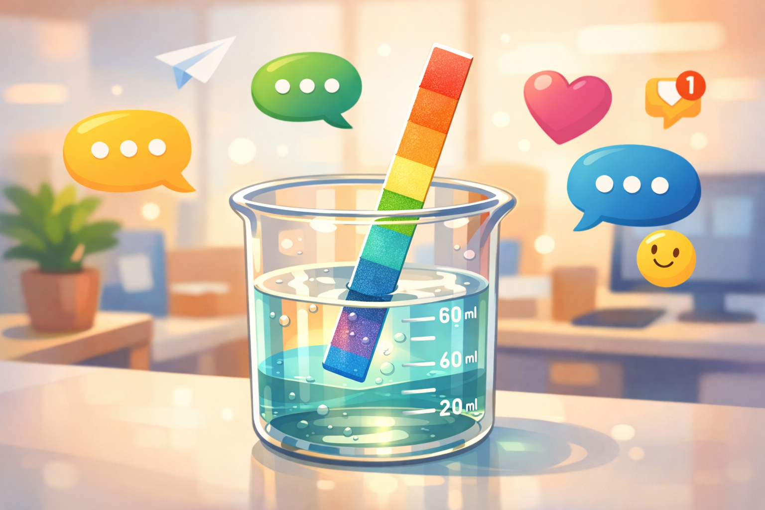 Colorful litmus strip being dipped in a beaker