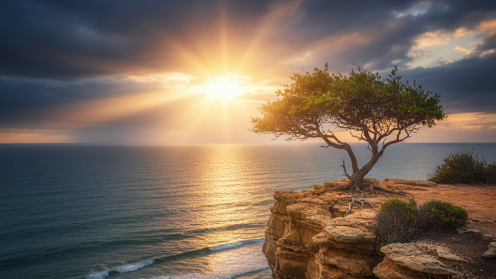 Tree on a cliff facing the sun