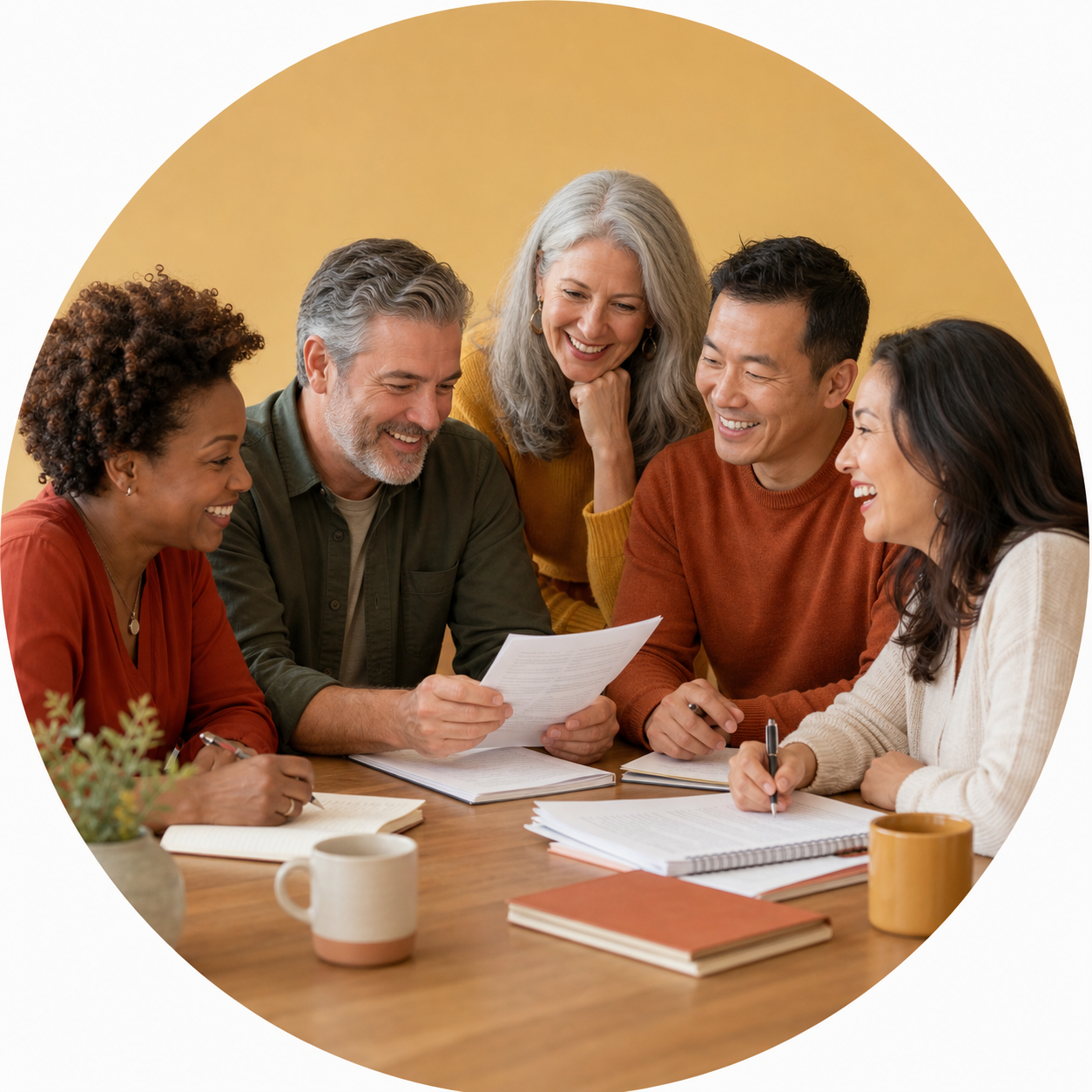 Group of five diverse adults sitting around a table, smiling, reviewing documents, and discussing together.