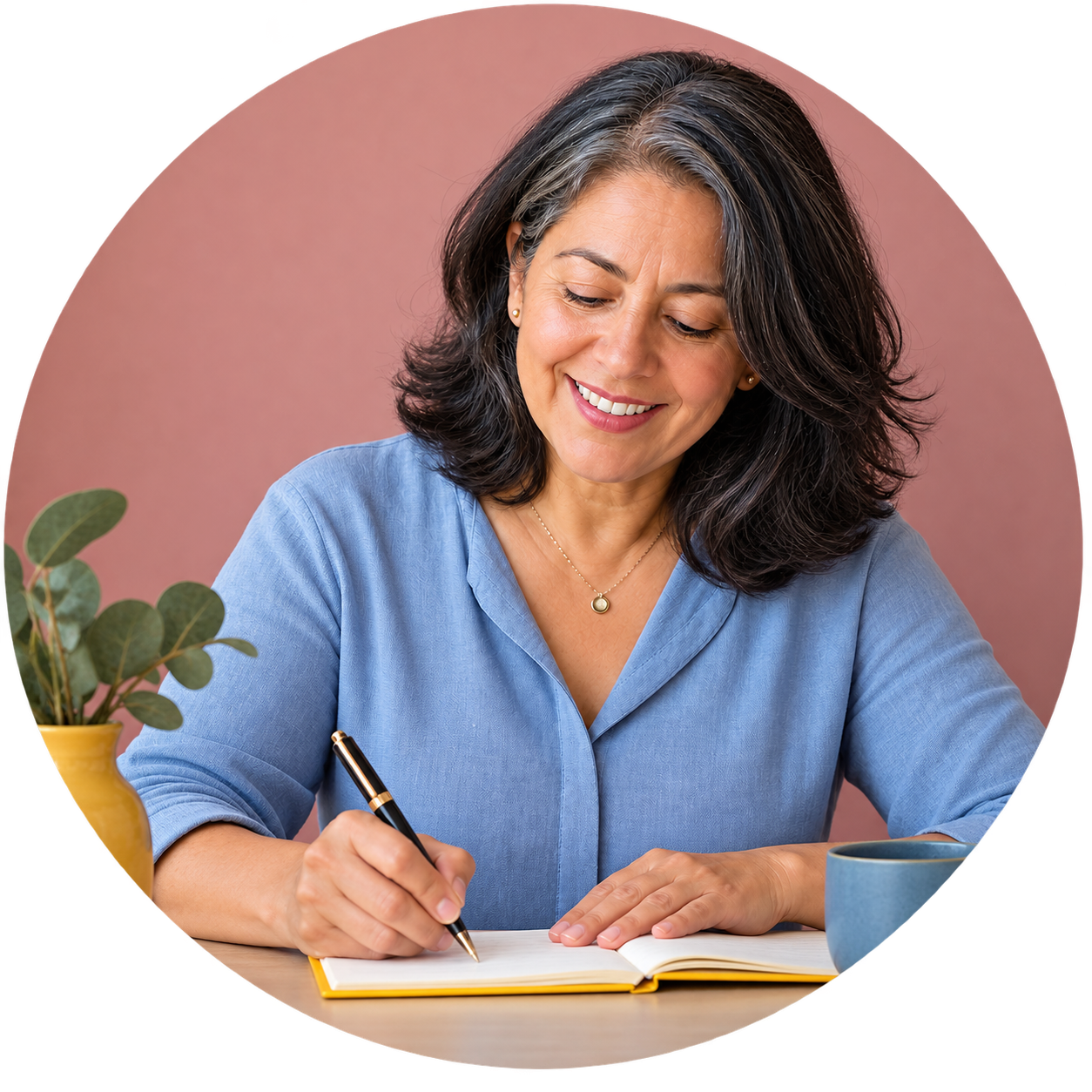A woman with dark, shoulder-length hair is smiling and writing in a yellow notebook with a black and gold pen. She is sitting at a table with a blue mug. She is wearing a blue blouse. The background is pink.