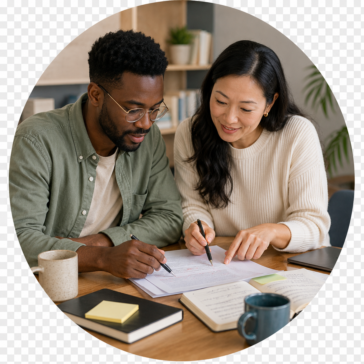 Two people sitting at a table, reviewing documents and taking notes, with notebooks and coffee mugs on the table, in a cozy setting.