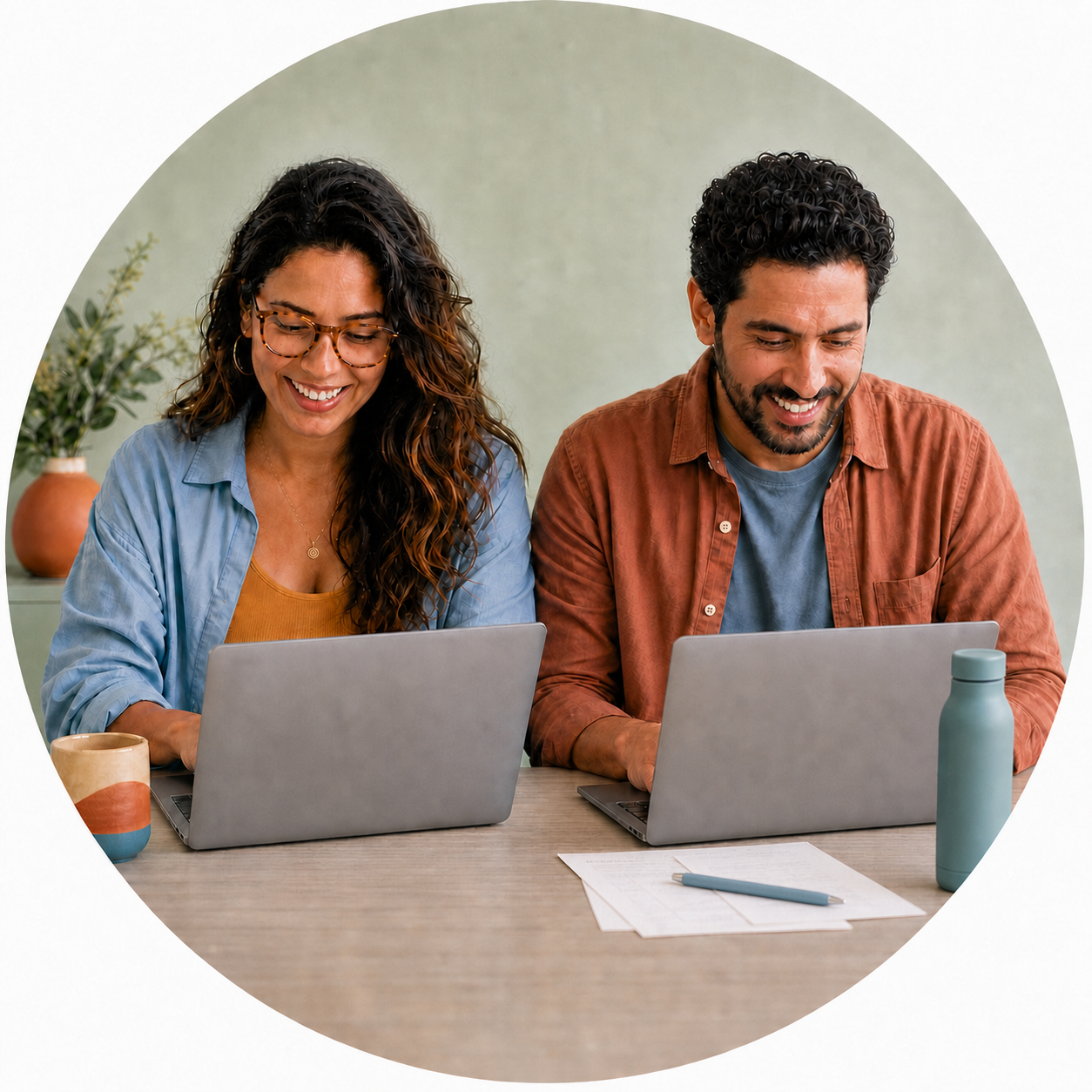 Two people sitting at a desk working on laptops, smiling.