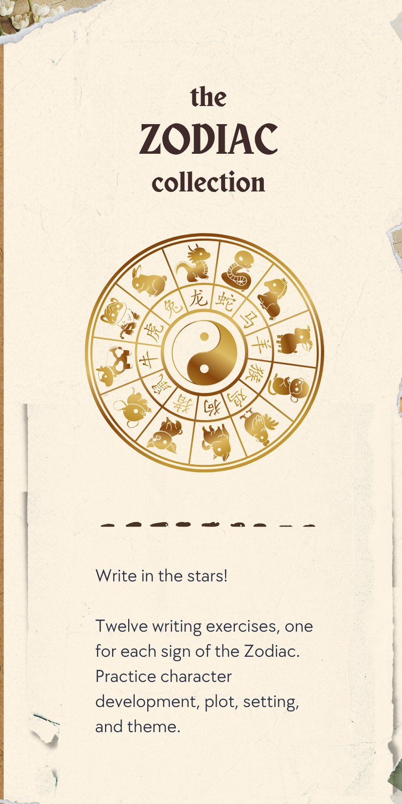 Cover page for The Zodiac Collection featuring a zodiac wheel with symbols of the twelve zodiac signs, a yin-yang symbol at the center, and introduction to twelve writing exercises, one for each Zodiac sign.