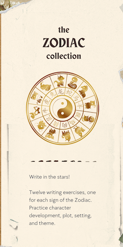 Title page for "The Zodiac Collection" featuring a circular zodiac wheel with symbols for each zodiac sign and a Yin-Yang symbol in the center, with an introduction to twelve writing exercises related to each of the Zodiac signs.