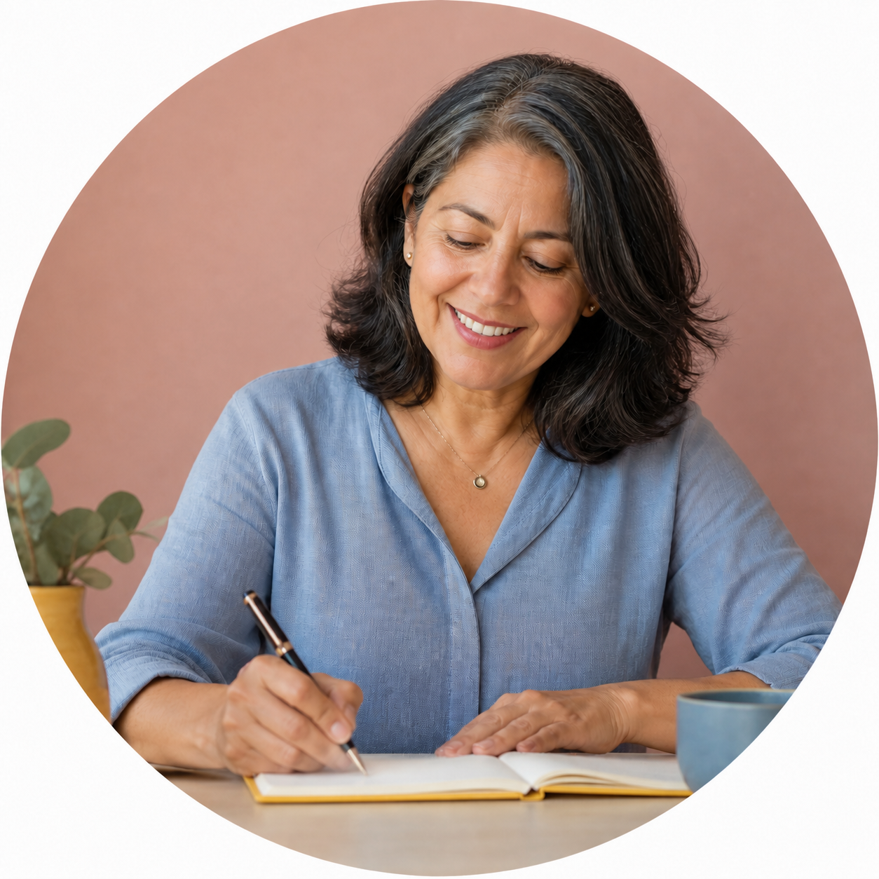 A middle-aged woman with black hair, wearing a blue shirt, sitting at a table, smiling, writing in a notebook.