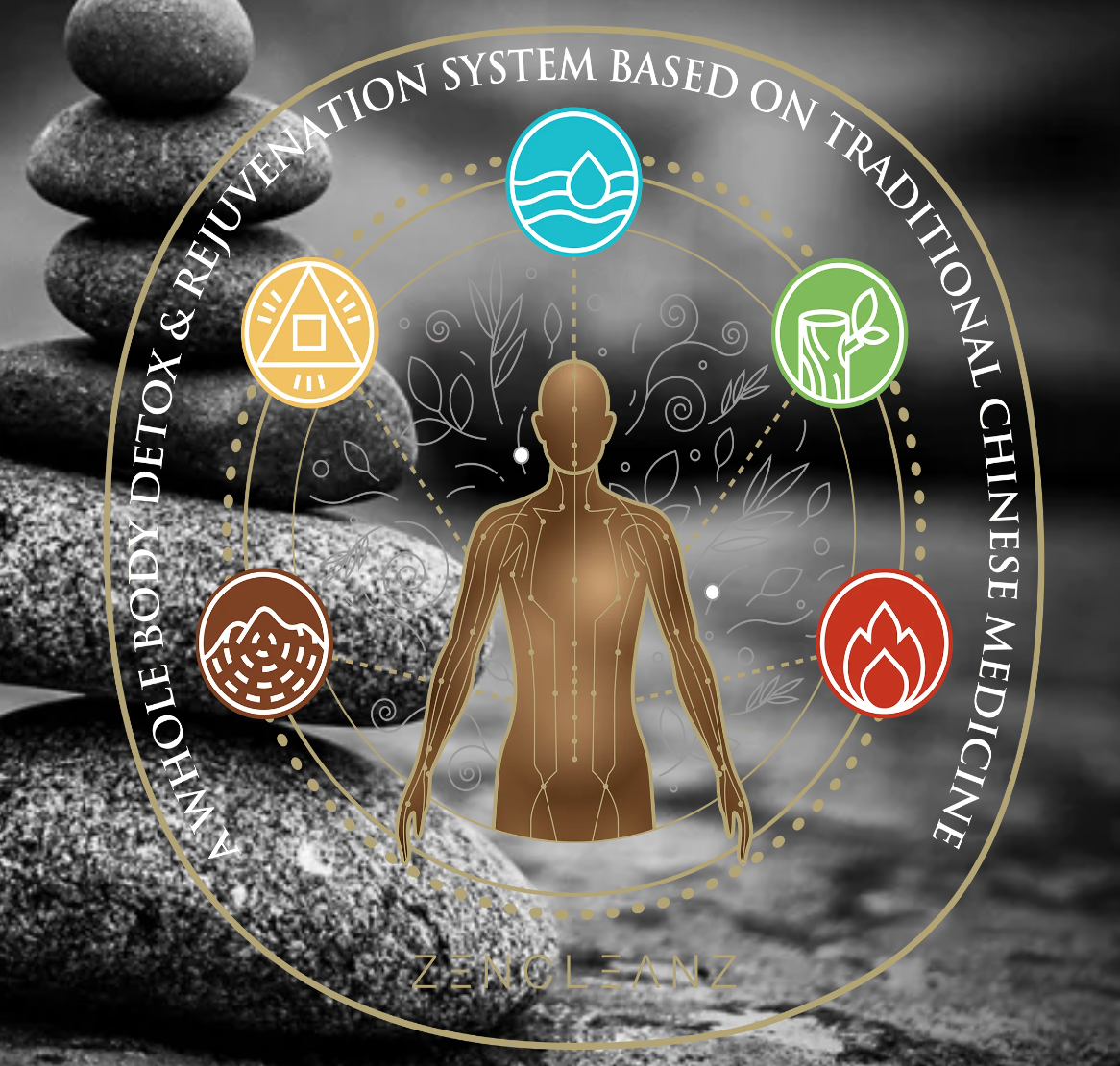 Diagram illustrating holistic body detox and rejuvenation system based on traditional Chinese medicine, featuring a human figure with interconnected energy lines and symbols for water, wood, fire, earth, and metal elements. Background shows stacked stones.