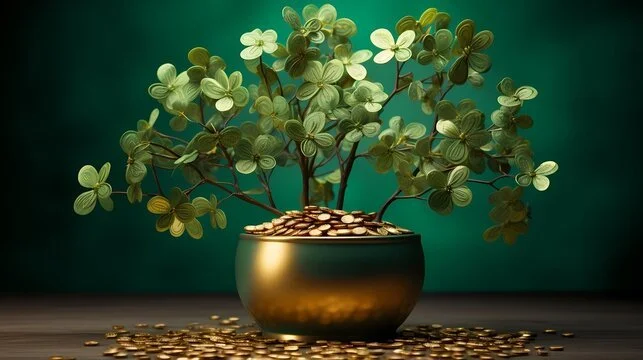 A potted plant with shamrock-shaped leaves growing from a pot filled with coins, surrounded by scattered coins on a wooden surface.
