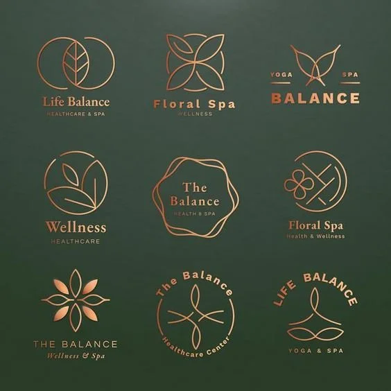 A collection of nine logo designs for wellness and spa businesses on a dark green background, featuring leaf and floral motifs with various texts including 'Life Balance', 'Floral Spa', 'Balance', 'Wellness', 'The Balance', 'Floral Spa Wellness & Wellness', 'The Balance Healthcare Center', and 'Life Balance Yoga & Spa'.
