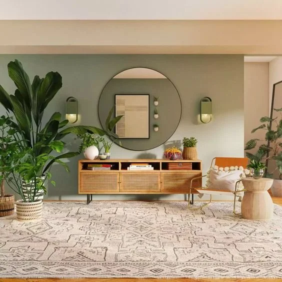 Modern living room with green accent wall, large mirror, wooden console, lush green plants, and a beige patterned rug. An example of supportive Feng Shui.