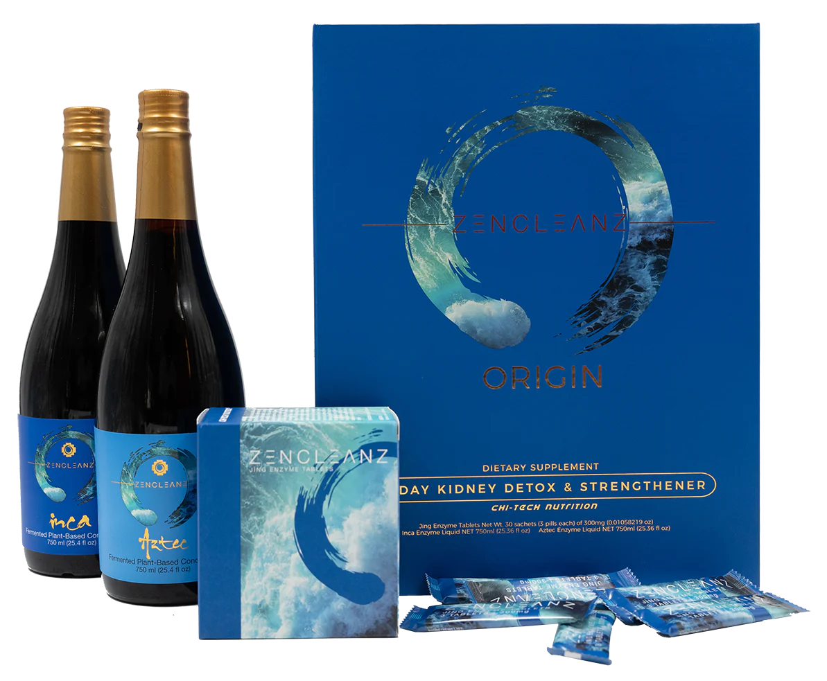 Zenclanz brand dietary supplements, including two bottles of fermented plant-based concentrates, a box of enzyme tablets, and several sachets, all with blue ocean-themed packaging.