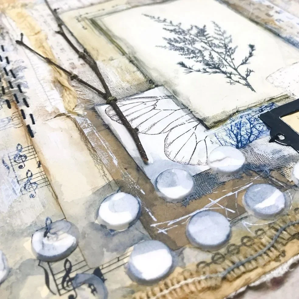 Texture materials for mixed media art including stencils, modeling paste and stitching.