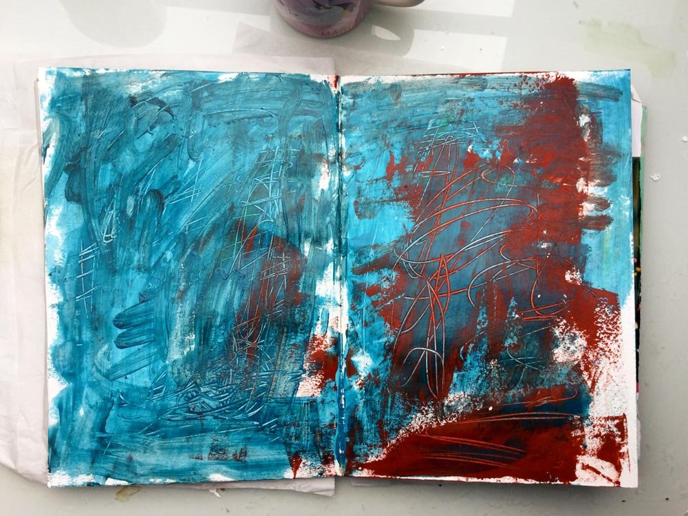 "The Whole Story" Art Journal Page in progress - Laly Mille. First layer: leftover paint