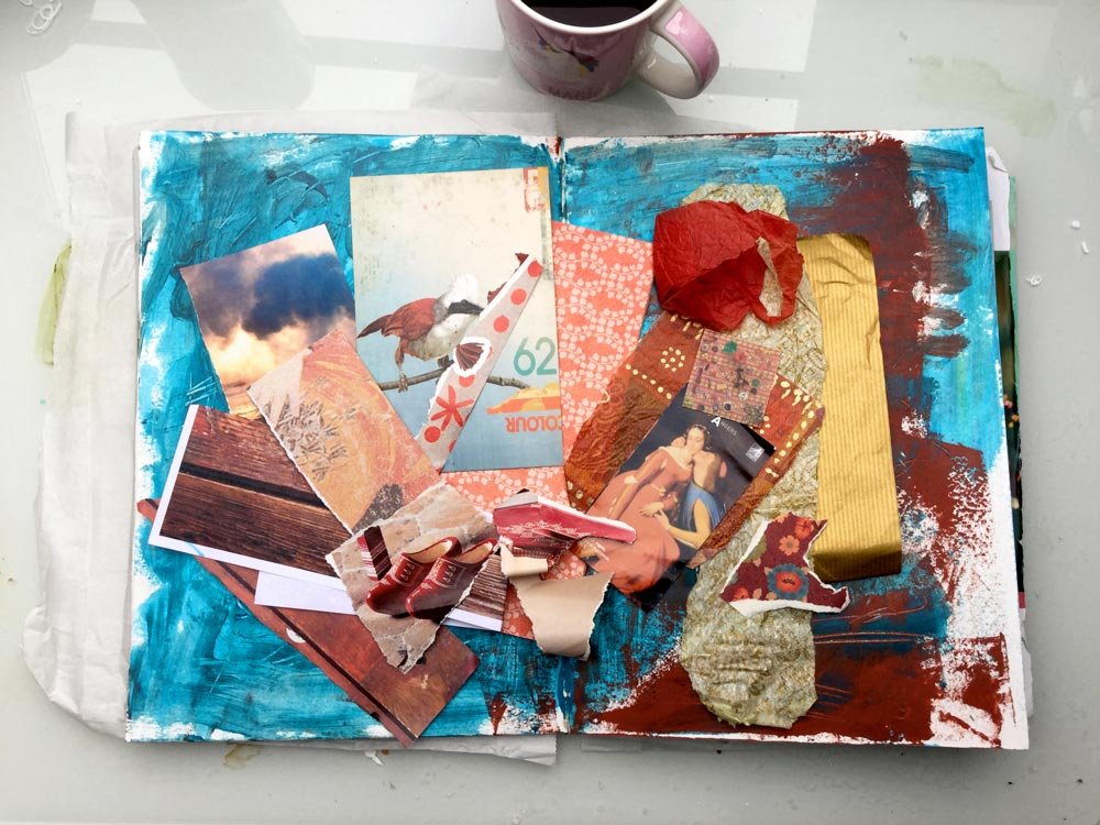 "The Whole Story" Art Journal Page in progress - Laly Mille. Gathering materials