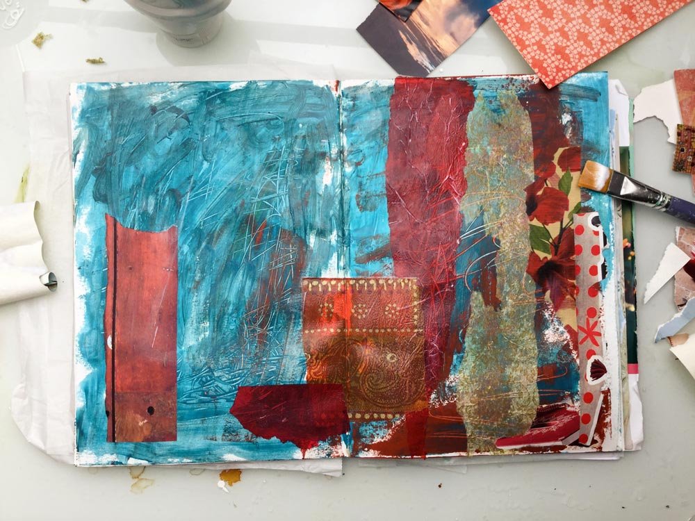 "The Whole Story" Art Journal Page in progress - Laly Mille. Second layer: collage