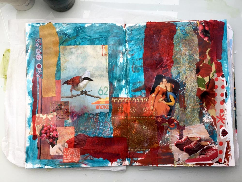 "The Whole Story" Art Journal Page in progress - Laly Mille. Third Layer: Imagery