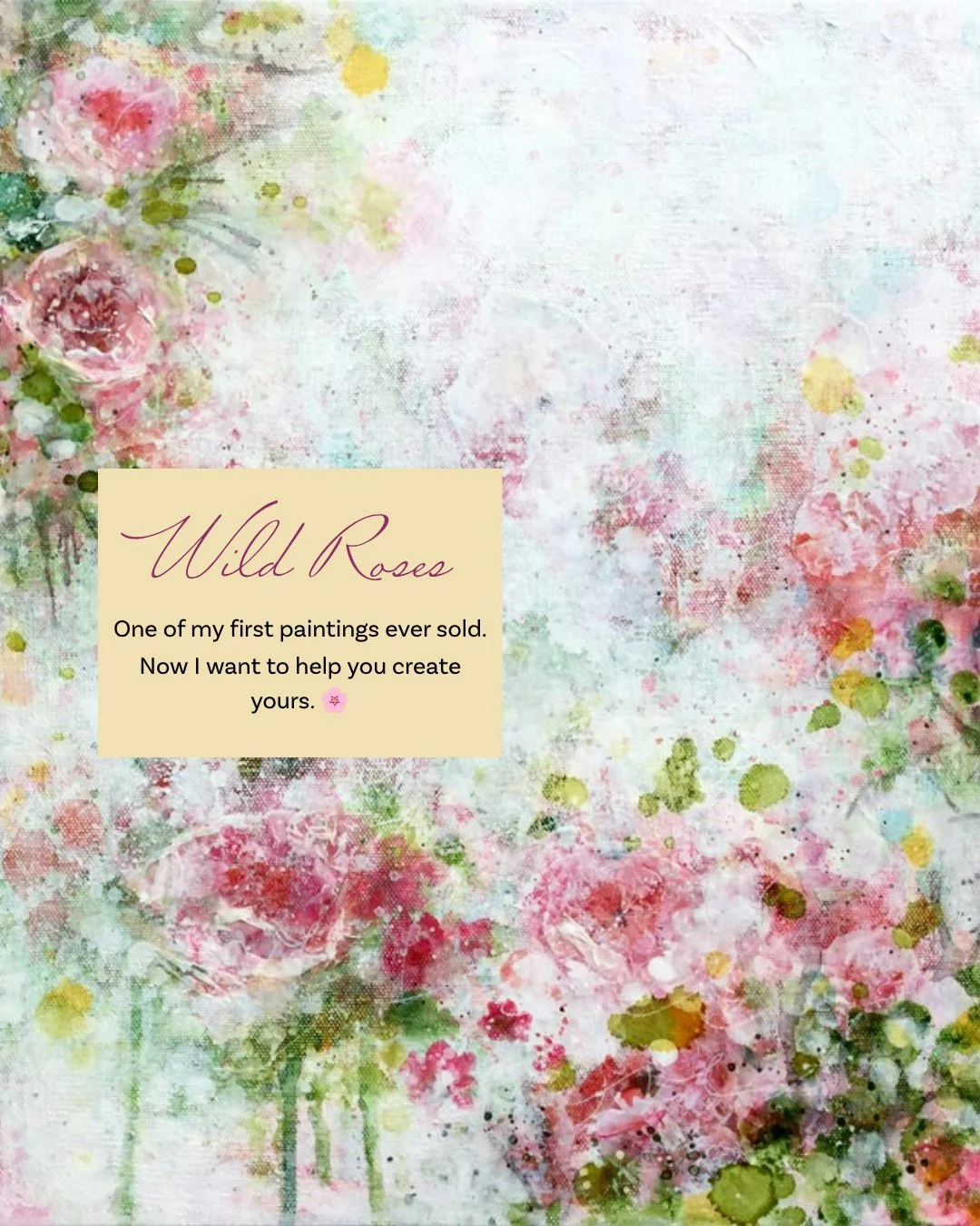 ✨ Roses are blooming in my garden these days, and they're also my favorite flowers to paint. Not in a realistic way (that would feel daunting!) but simply with a few brushstrokes, torn papers, splashes of paint. Layers of pink, green, and touches of 