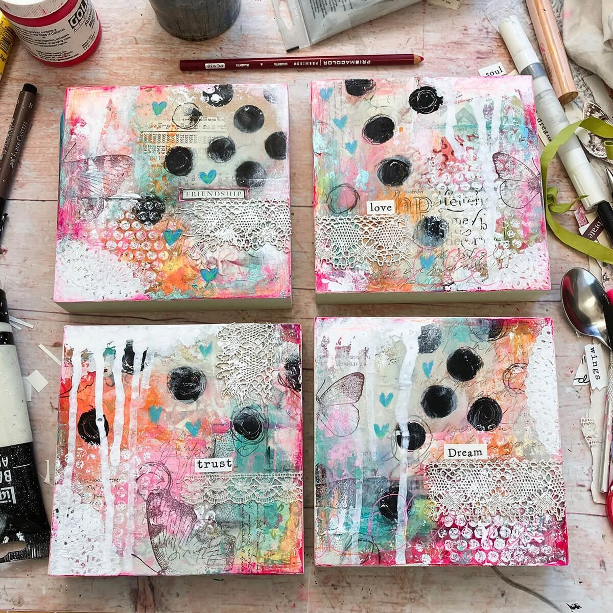 Introducing Small Beginnings, a collection of four small mixed media paintings, each carrying a word close to my heart: Dream. Friendship. Love. Trust.

I love the idea that some of the most important things in our lives begin with something small. A
