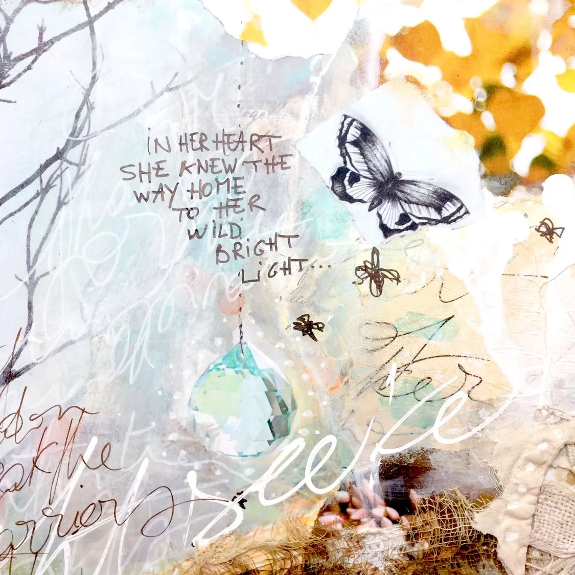 Mixed media collage with butterfly and journaling.