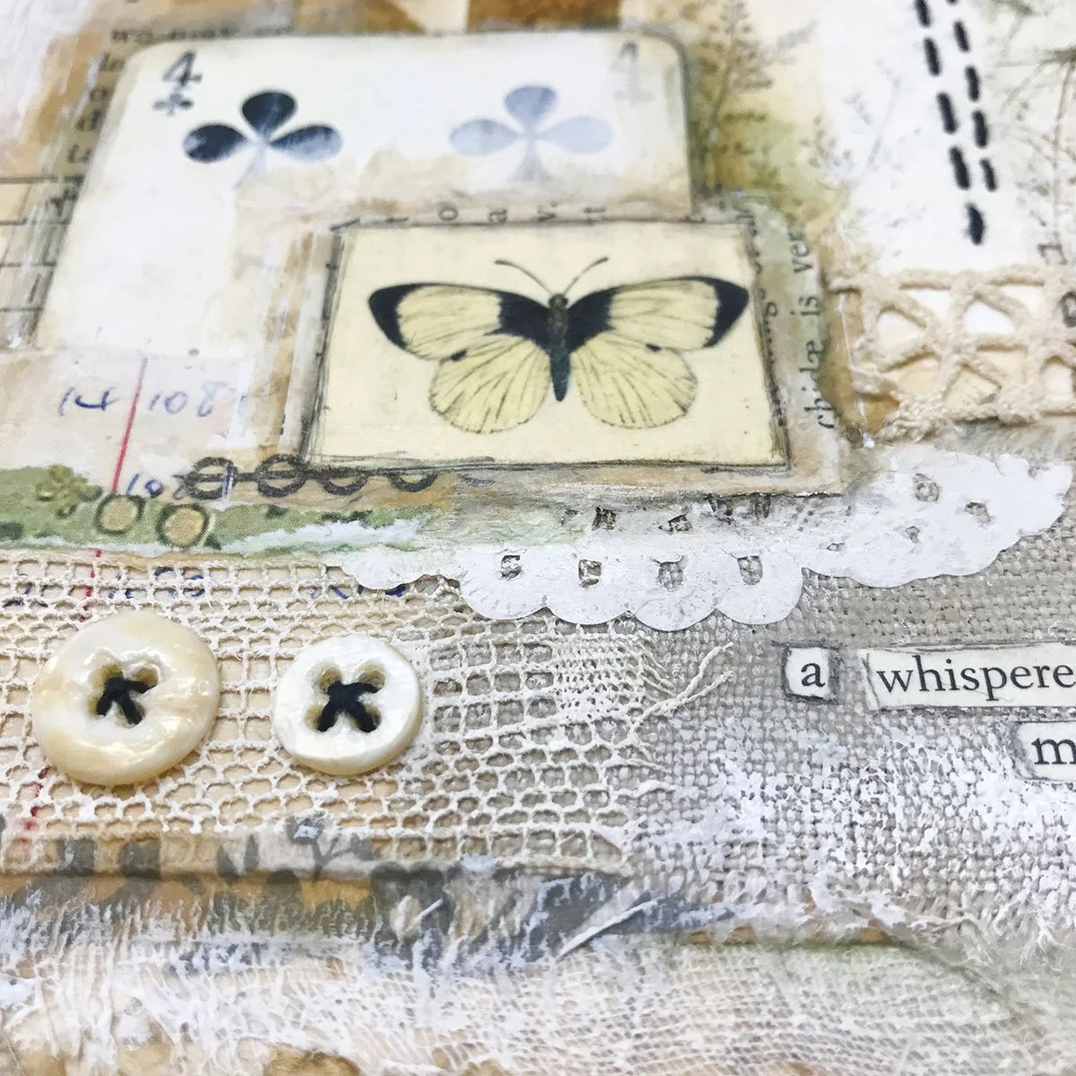 Mixed media artwork combining paint, collage papers, thread and dimensional textures.