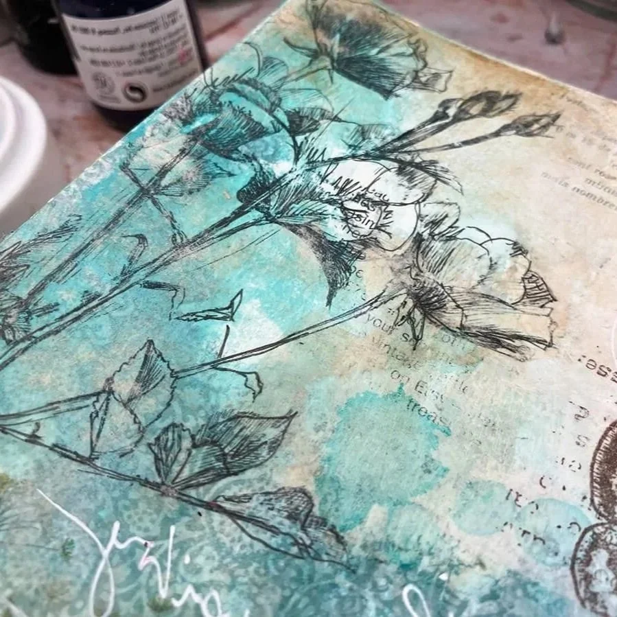 Mixed media artwork using image transfer technique layered with paint and ink.