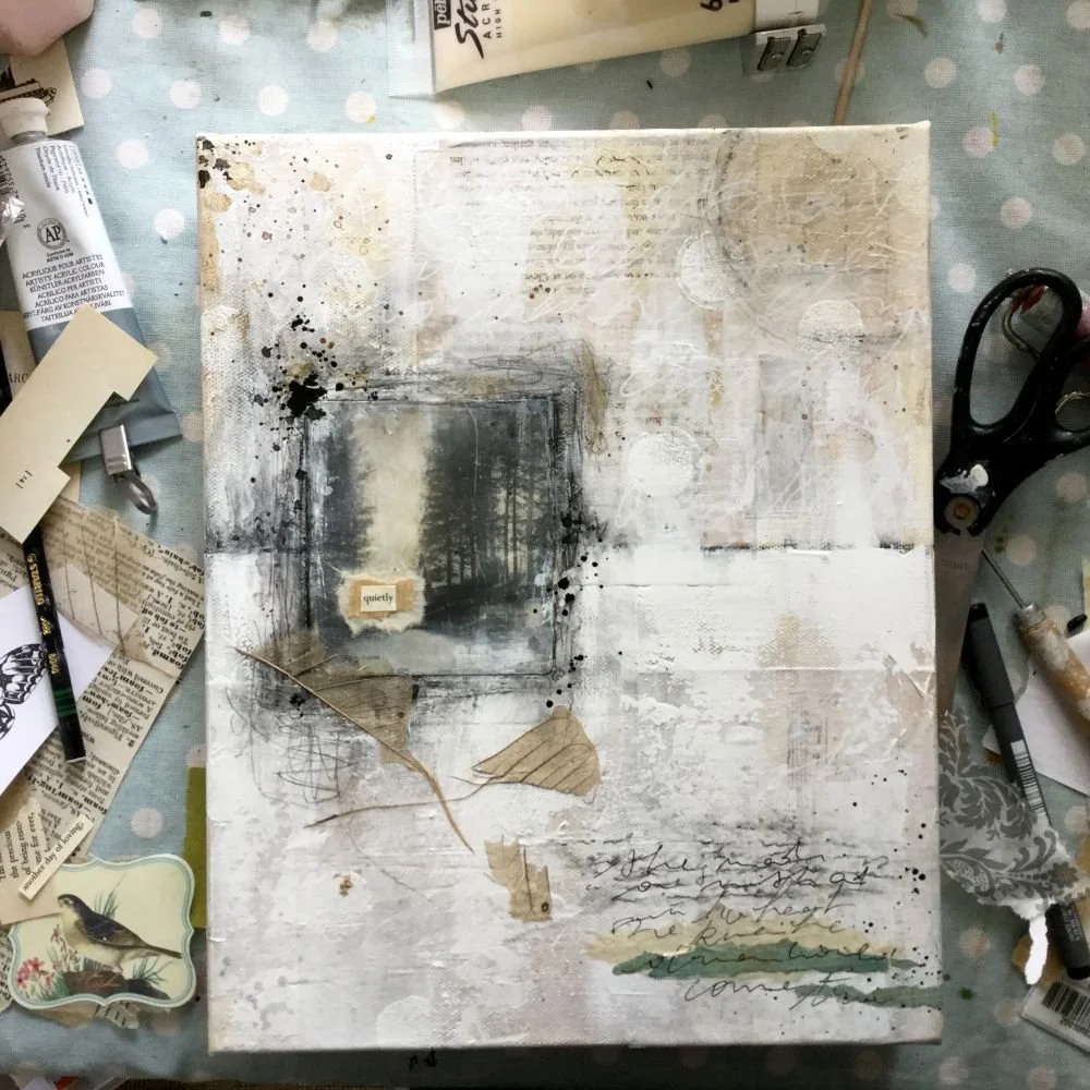 Mixed media painting on canvas with white-on-white effects, veiled texture and black accents with a vintage postcard.
