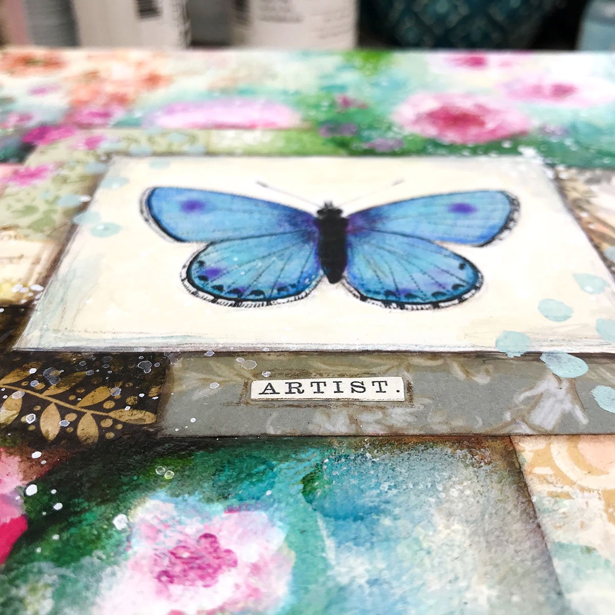 Soulful mixed media art with blue butterfly and flowers
