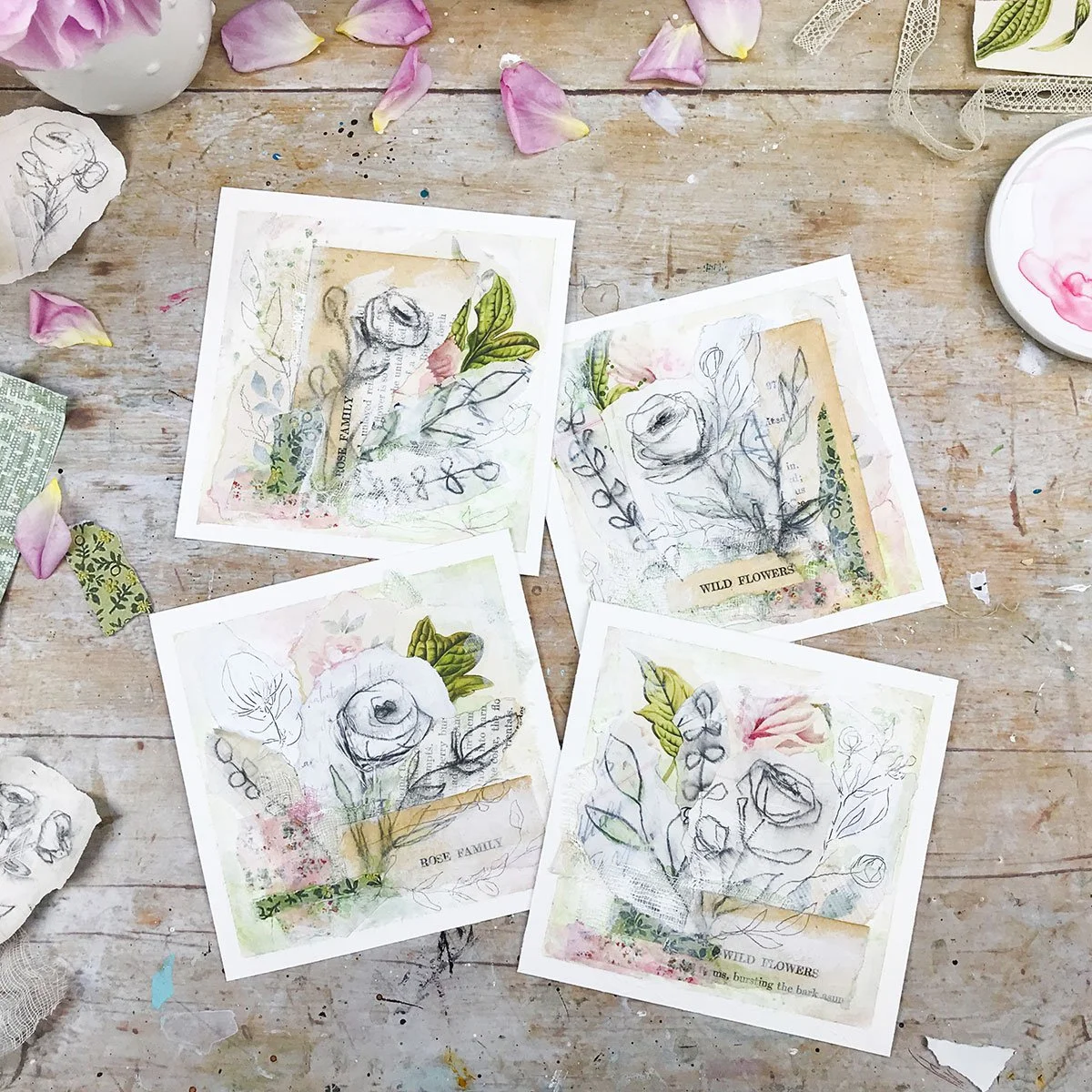 Series of four small mixed media collages with roses in grungy pencil lines and vintage imagery.