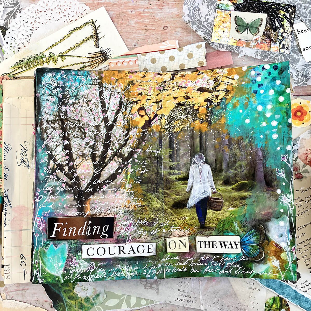 Layered mixed media collage art journal page with paint, magazine images and mark making.