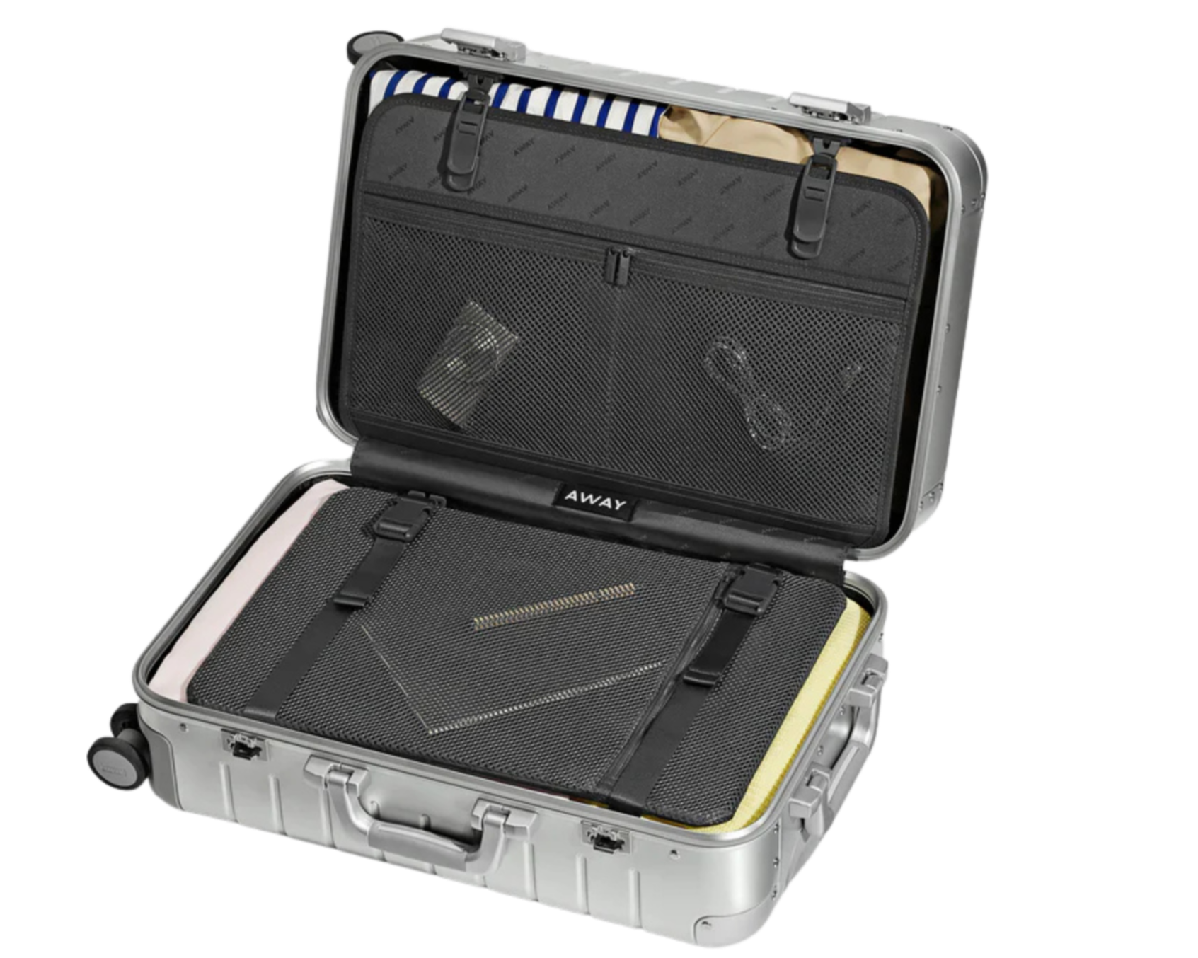 a striking aluminum hard shell, 360° spinner wheels and interior compression system