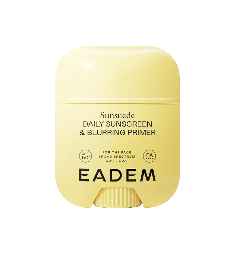 A yellow bottle of Eadem Sunsuede daily sunscreen and blurring primer with SPF 50+ and broad spectrum UVB + UVA protection.