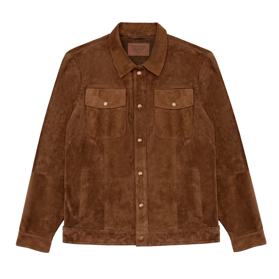 Brown suede leather jacket with two chest pockets and snap buttons.