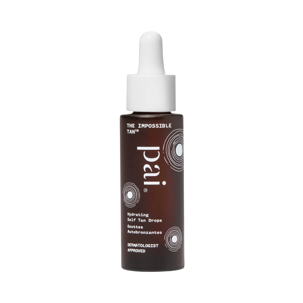 A brown bottle of self-tan drops with a white dropper cap, labeled 'SUNKISS' and ‘Hydrating Self Tan Drops’ with a black background and minimalist white concentric circle design.