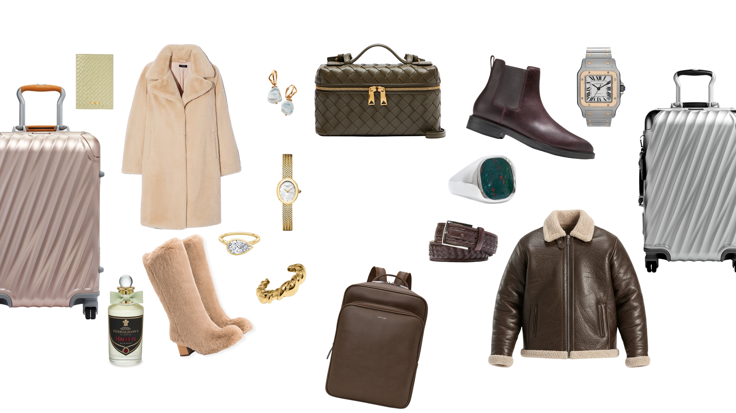 Collage of fashion items including a brown suit, blue jeans, blue dress, brown shoes, handbags, jewelry, and a backpack.