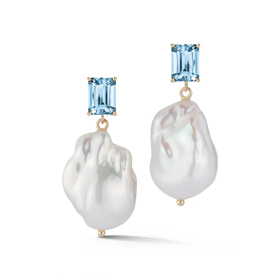 Pair of earrings with rectangular blue gemstones and large baroque pearls.