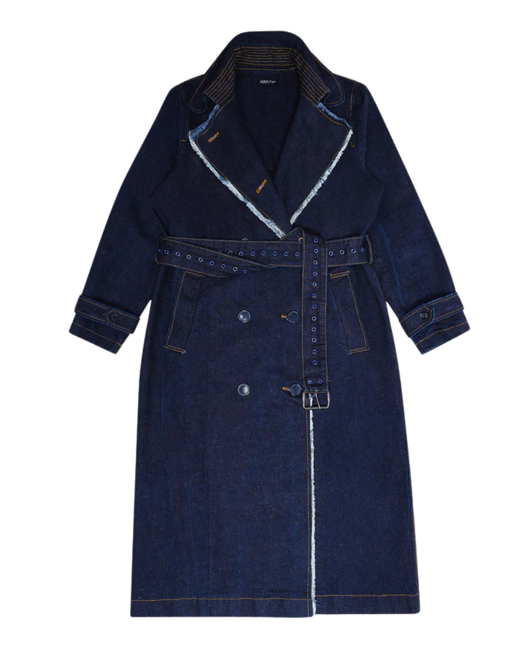 A long dark blue denim trench coat with a belt, double-breasted buttons, and a notched collar.