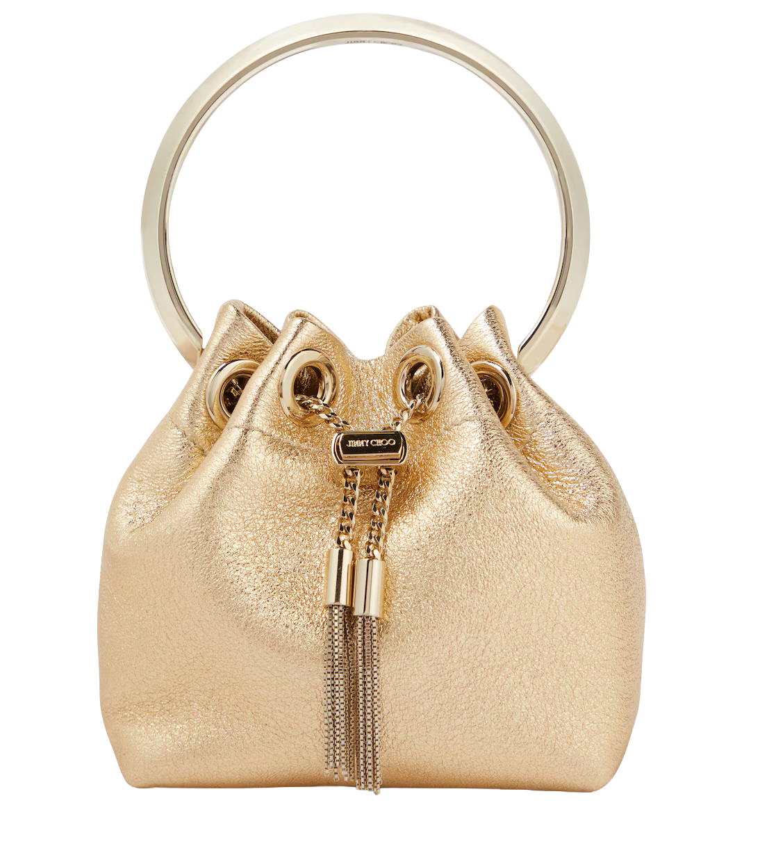 A metallic gold designer handbag with a chain and leather strap, branded with Jimmy Choo, placed in front of a digital screen showing colorful barcode-like patterns