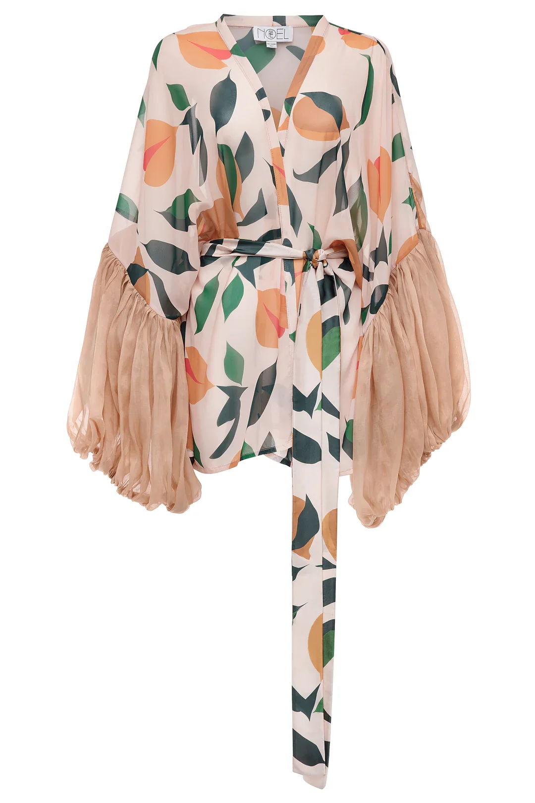 A floral printed kimono with beige pleated sleeves and a waist tie, featuring a pattern of leaves and abstract shapes in green, beige, black, and orange on a white background.