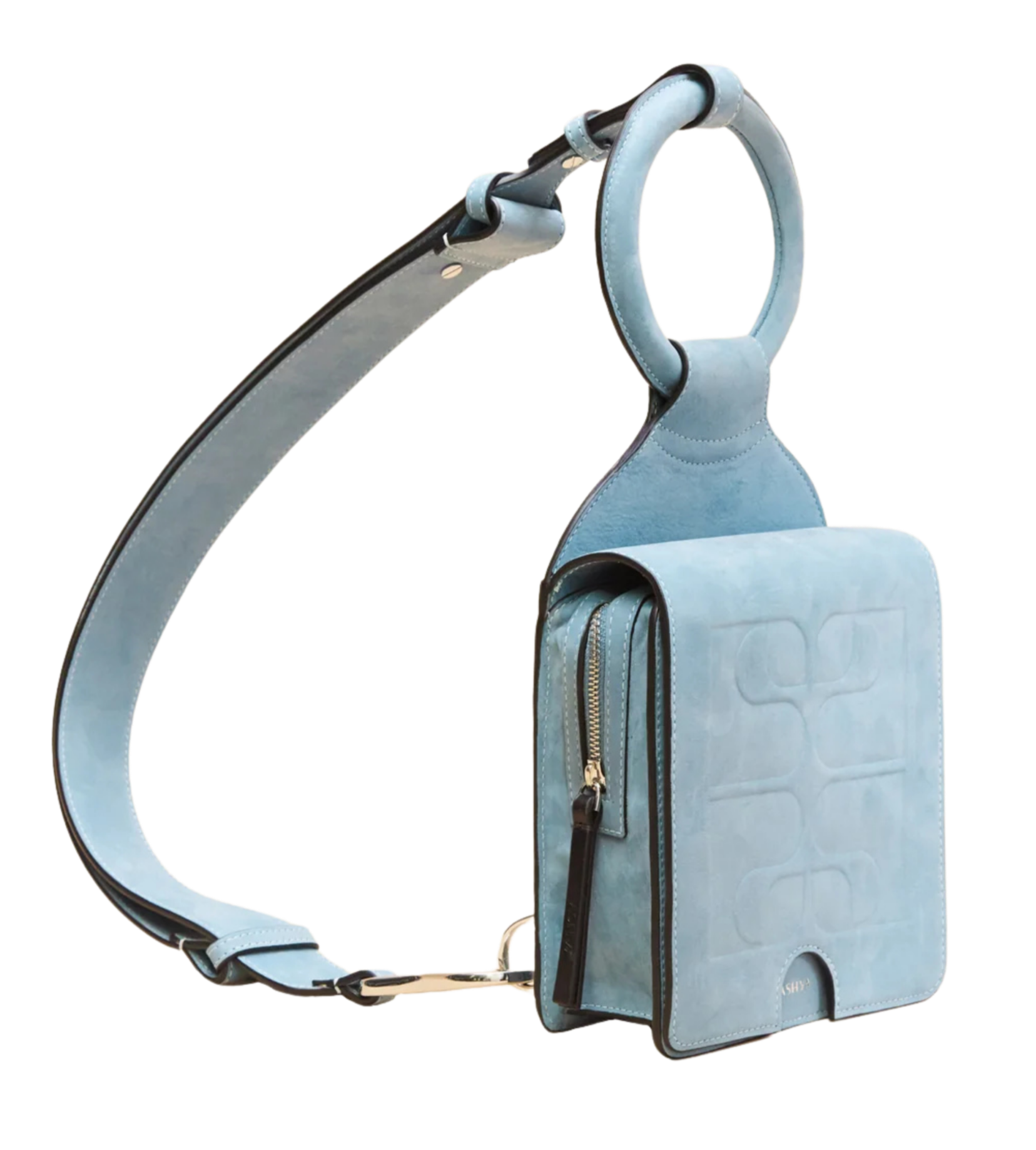 Light blue handbag with zippers and a wide strap, designed for carrying on the shoulder or crossbody.