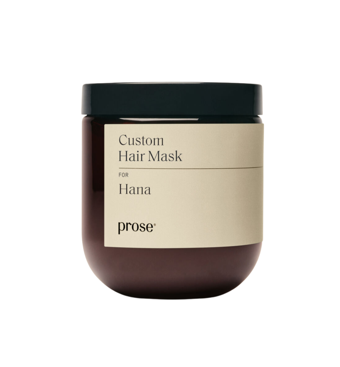A jar of Prose Custom Hair Mask for Hana, with a beige label and black lid.
