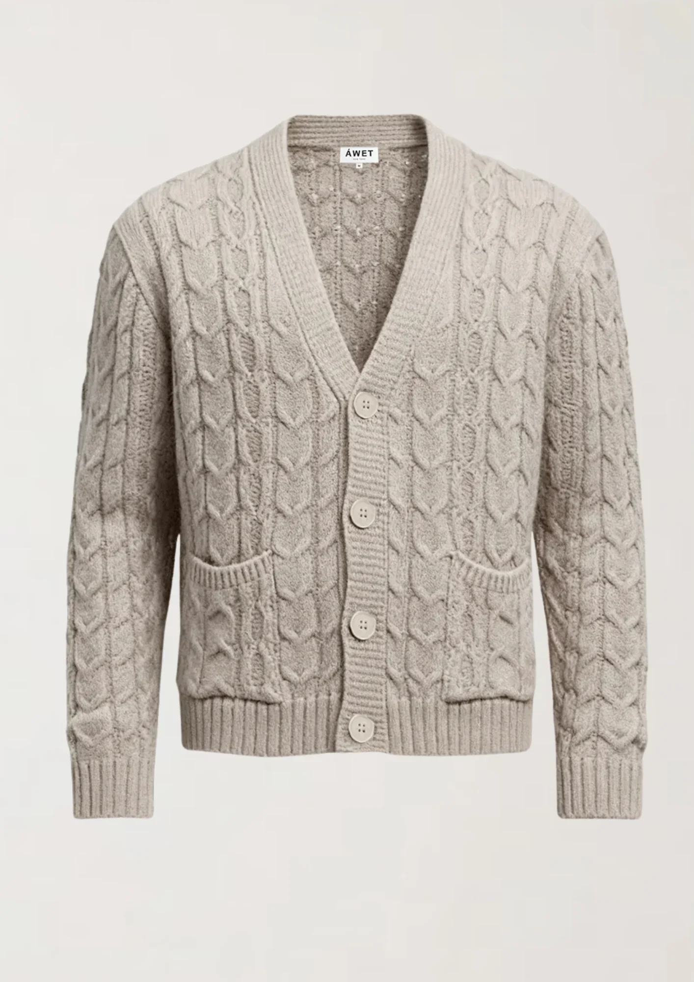 Beige cable-knit cardigan sweater with a V-neck, four buttons down the front, and two front pockets.