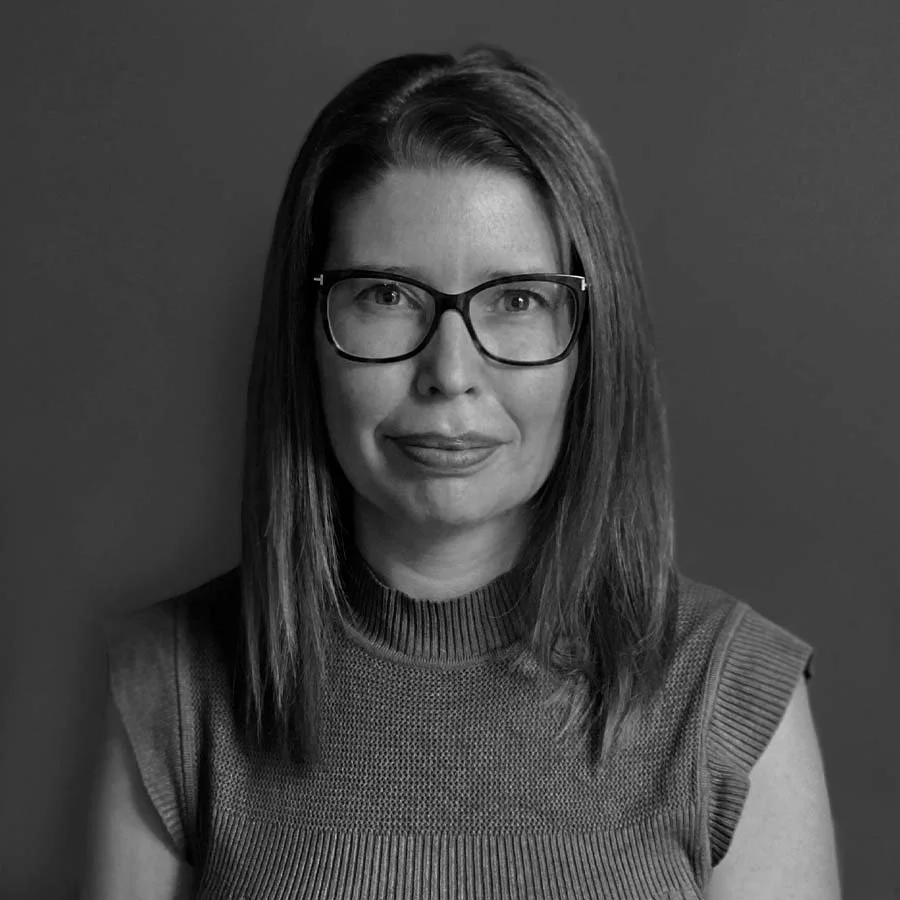 A portrait of Patty Crerar in black and white