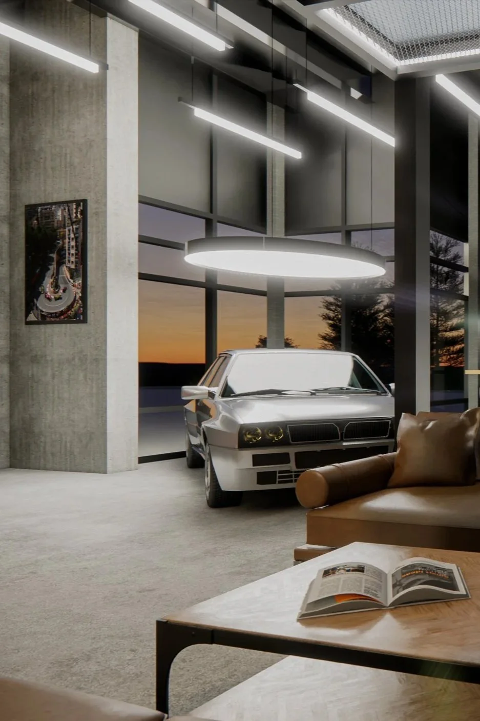 Modern showroom with a silver car parked near large glass windows showing a sunset, a tan leather sofa with a round armrest, a wooden coffee table with an open magazine, industrial-style interior with hanging lights, and a concrete wall with a framed